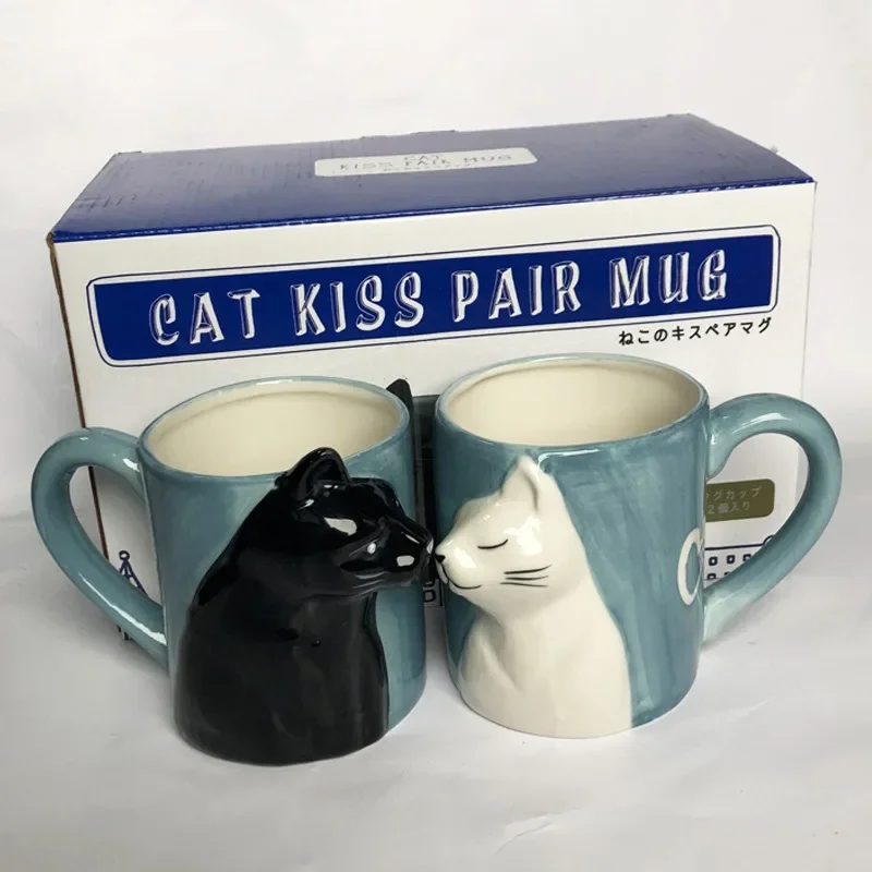 2pcs Luxury Kiss Cat Cups Couple Ceramic Mugs Married Couples Anniversary Morning Mug Milk Coffee Tea Breakfast Valentines Day