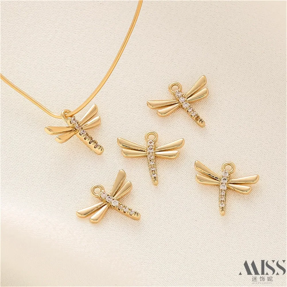 14K Gold Color-preserving Zircon Dragonfly Pendant DIY Accessories Handmade Bracelets Necklaces Jewelry Decorative Pendants