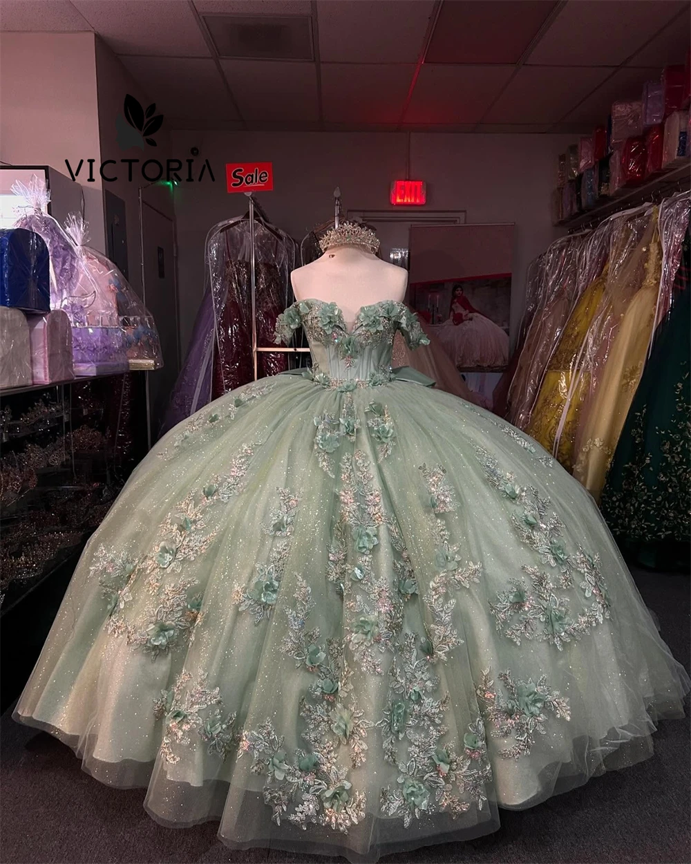 

Sage Green 3D Flowers Princess Quinceanera Dresses 2025 Luxury Lace Applique Ball Gown Off Shoulder Graduation Gown Customized