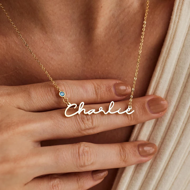 Collier personnalisé avec nom et pierre de naissance pour femme, en acier inoxydable, pendentif personnalisé avec nom et pierre, cadeau d'anniversaire