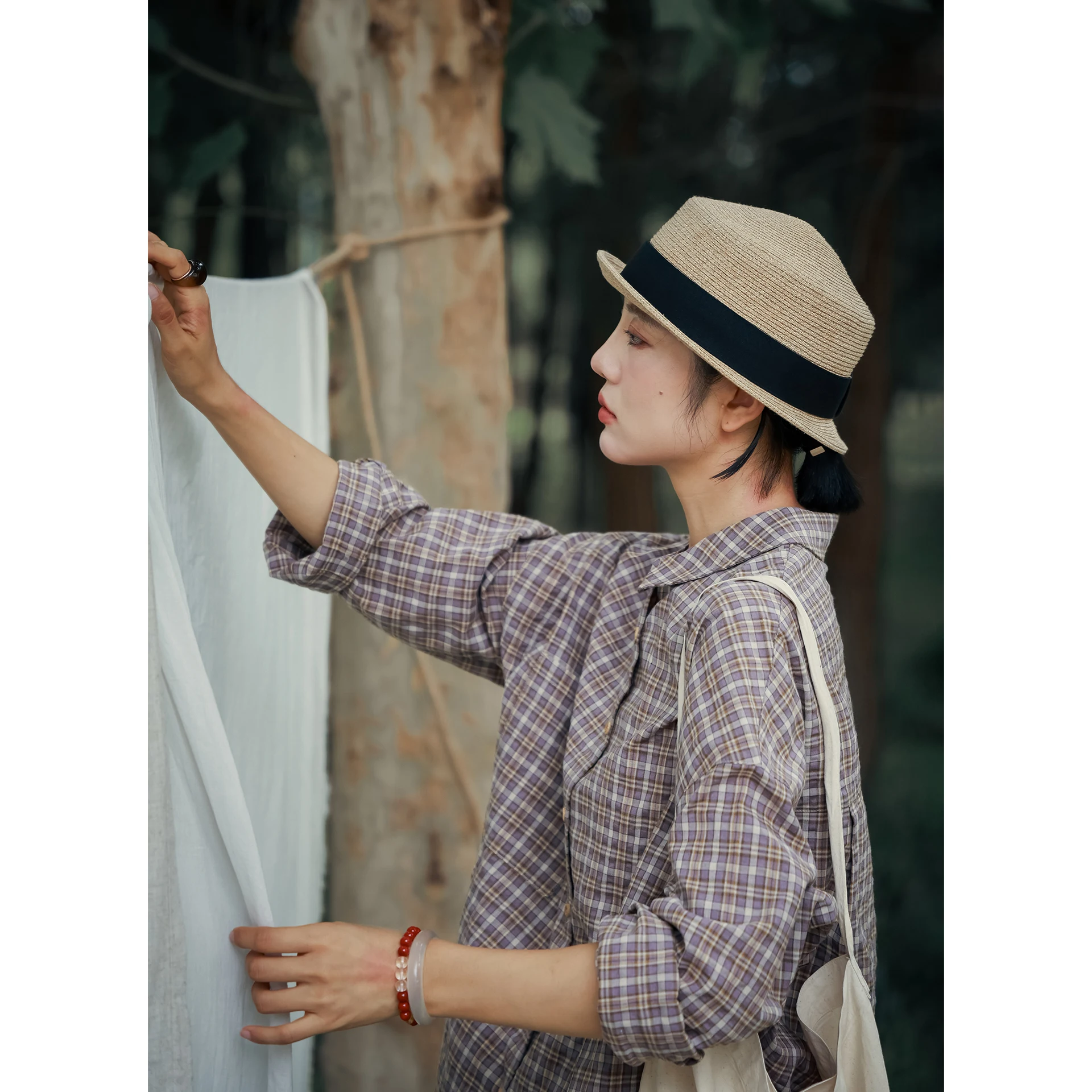 

Loose Large Size Color Woven Long Sve irt Women's Autumn Winter Plaid Top Breathable Comfortable Cotton Polyester Blend