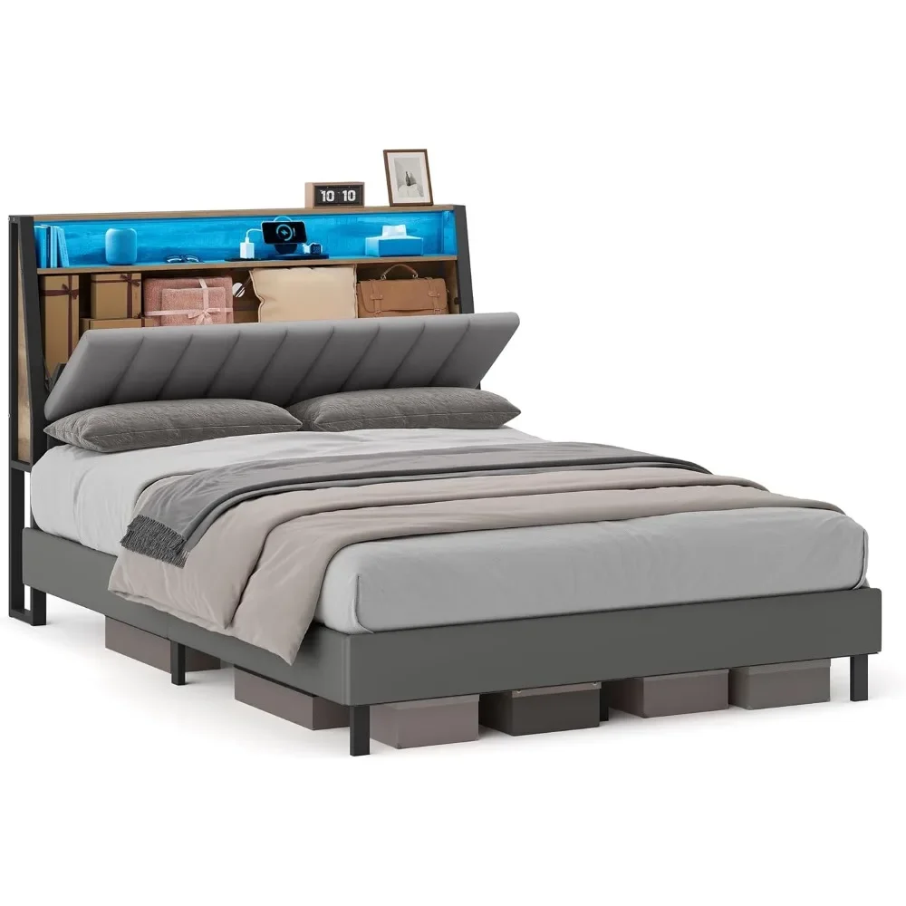 LED Bed Frame Full Size, Storage Headboard and Charging Station, Full Bed Frame with 2 AC Outlets, 1 USB Port, 1 Type-CPort, No