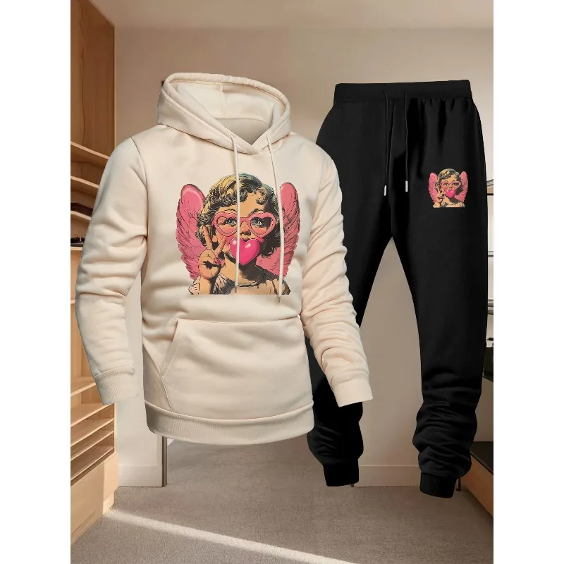 Angel Love ثلاثية الأبعاد مطبوعة الرجال كم طويل هوديي قطعتين مجموعة ملابس رياضية كاجوال موضة الاتجاه مجموعة هوديي 2025 طبعة جديدة #4