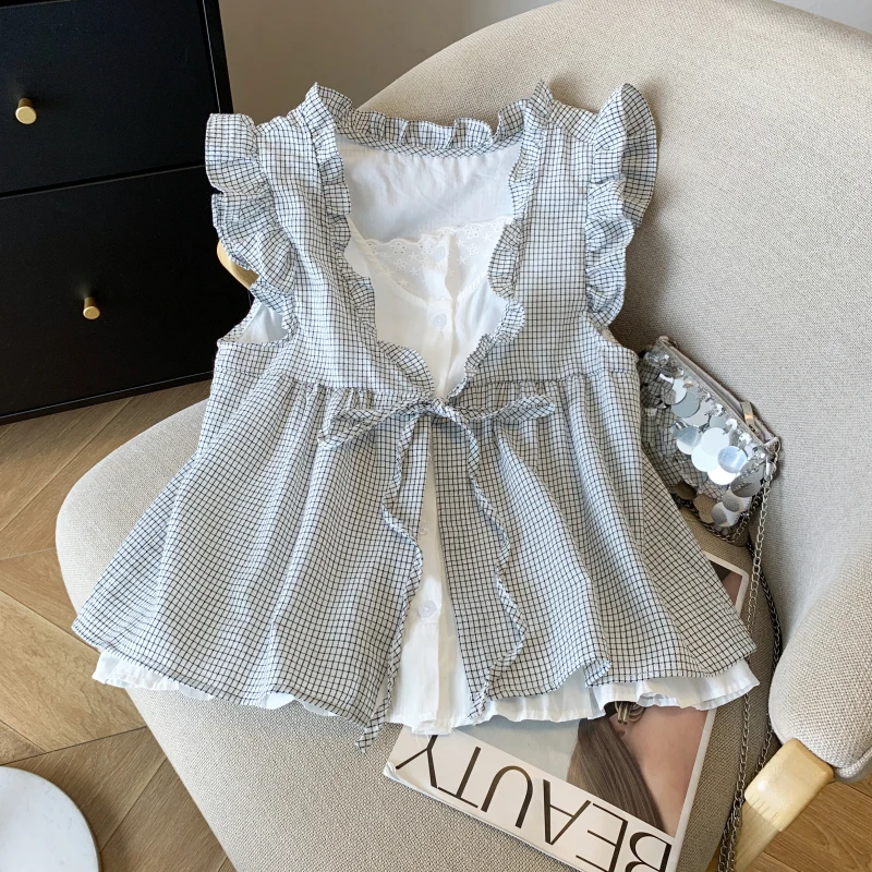 الكورية الحلو Cottagecore قميص بدون أكمام المرأة الأزرق منقوشة كشكش تقليم التعادل الجبهة وهمية قطعتين بيبي دول بلوزة مع بطانة الدانتيل