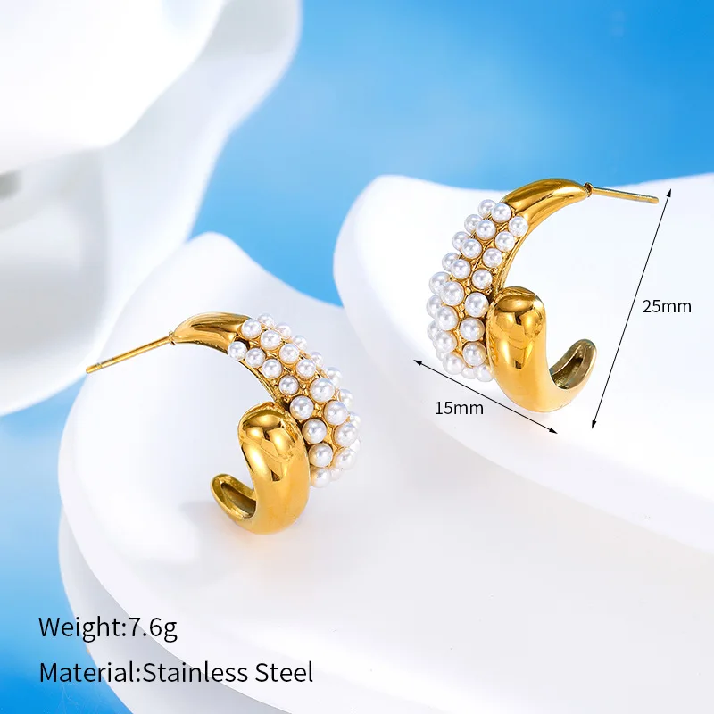 أقراط من الذهب عيار 18 قيراط مطلية بالفولاذ المقاوم للصدأ على شكل حرف C مع ترصيع اللؤلؤ للنساء مجوهرات فاخرة وبسيطة وعصرية #6