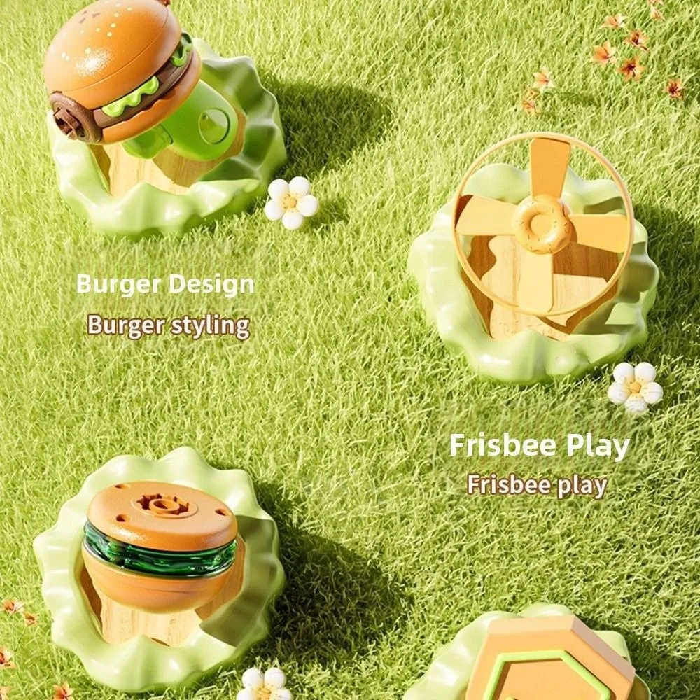 Fun 2 in 1 Gyro Flying Disc Launcher Novel Design Rotating Gyro Soaring Propeller Burger Fries Shape Luminous Sport