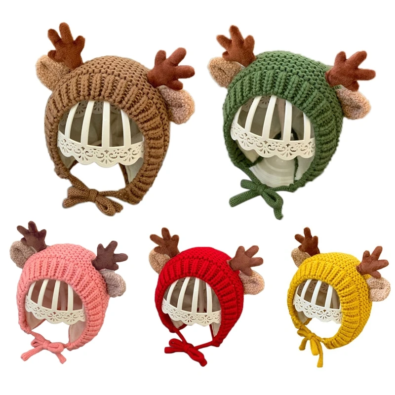 Infant Baby Winter Knit Beanie Hat Christmas Reindeer Antlers Toddler Windproof Earflap Warmer with Chin Strap