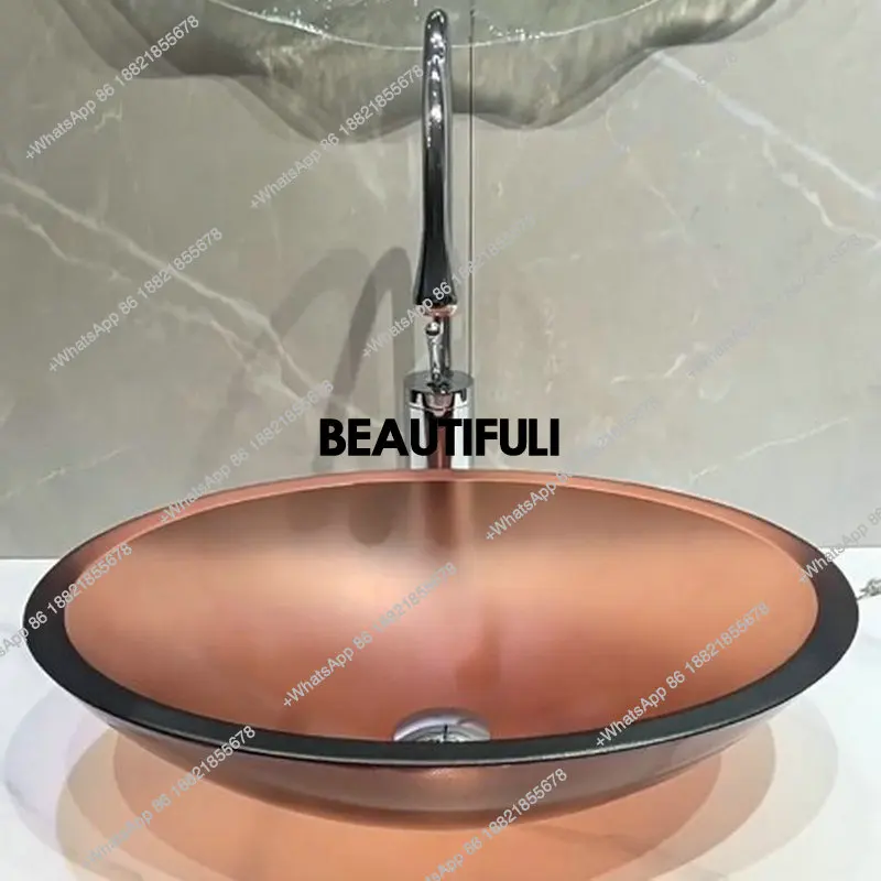Colorful frosted tempered glass washbasin, transparent matte texture artistic countertop basin, bathroom oval washbasin