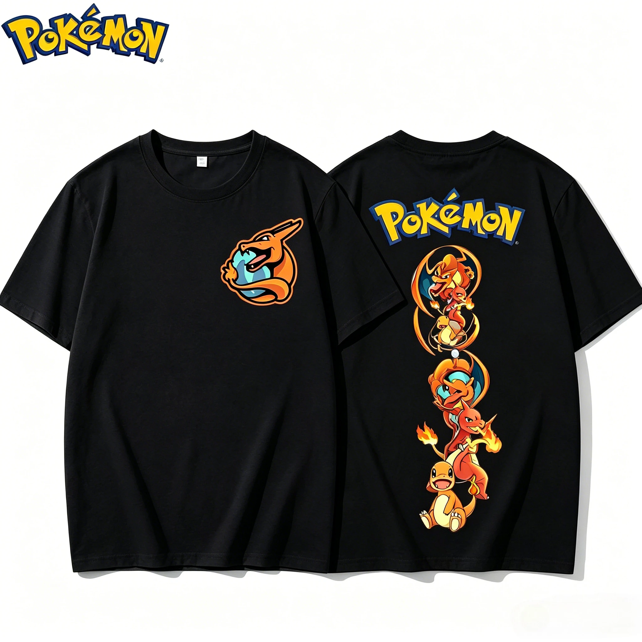 Pokemon Charizard Evolution Line T-Shirt Men Women Cotton Short Sleeve Anime Print Oversized Streetwear Casual Unisex Tee Tops