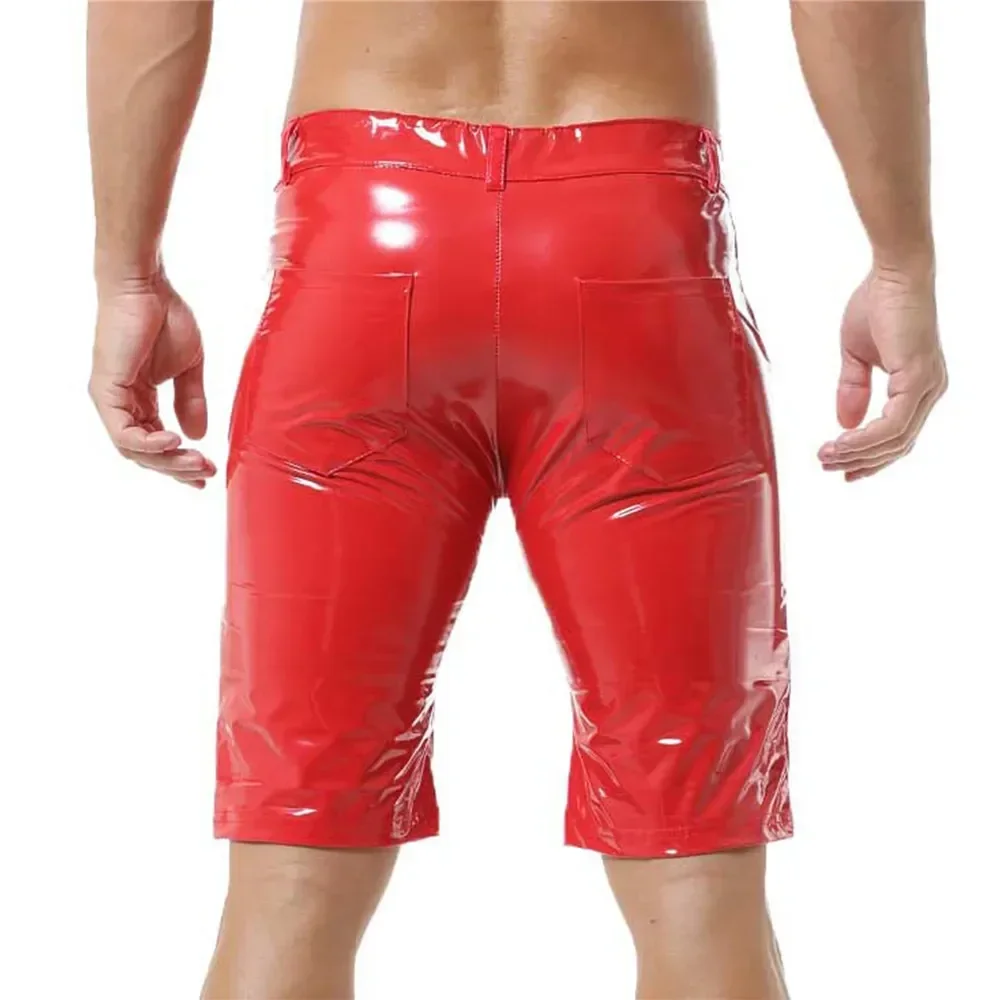 Men Casual PVC Leather Shiny Shorts Fashion Men Solid Color Wet Look Leather Short Pant Slim Clubwear Stage Performance Costume