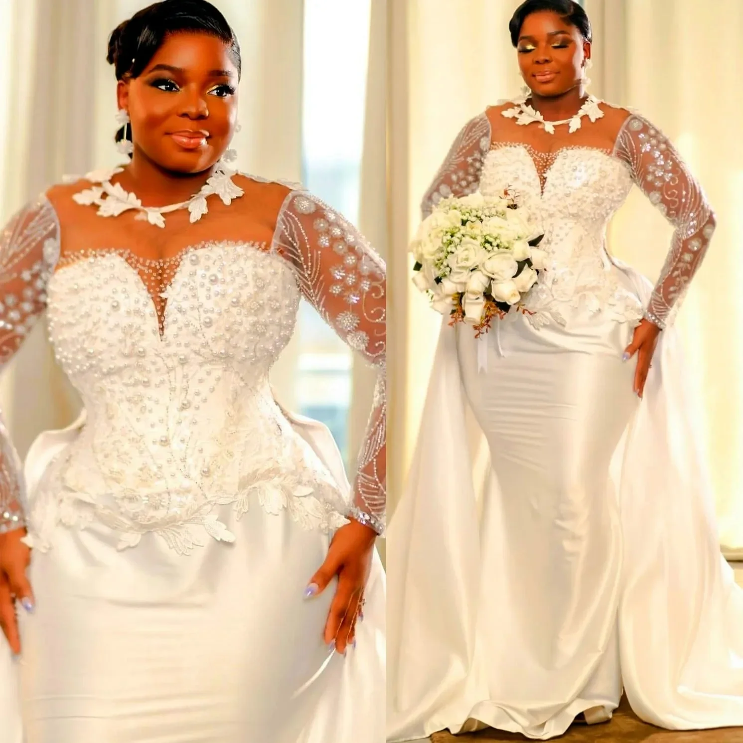 Customized High Collar Sparkly Heavy Beads Pearls Mermaid Wedding Dress with Removable Skirt Plus Size Long Sleeves Bridal Gown