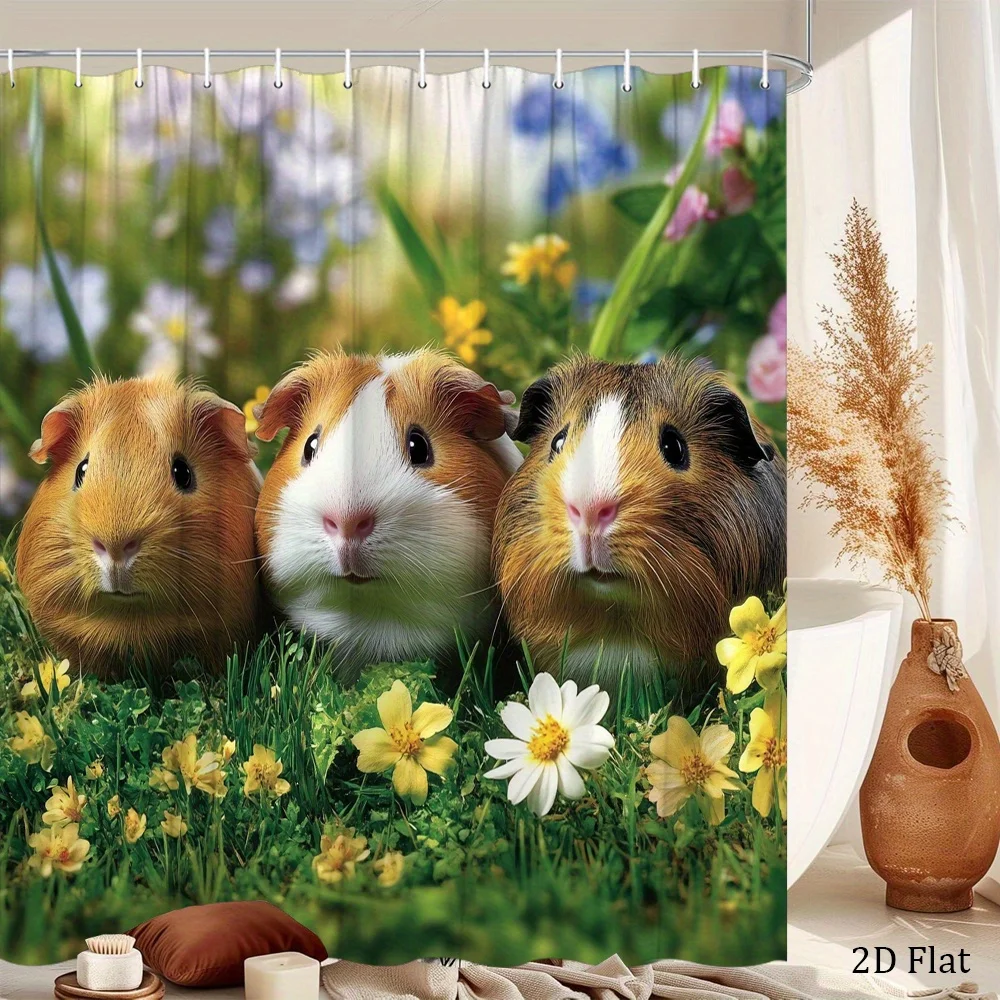 1pc Guinea Pigs in Garden Shower Curtain - Vibrant Floral Design with Adorable Guinea Pigs, Includes 12 Hooks, 70.8x70.8 Inches,