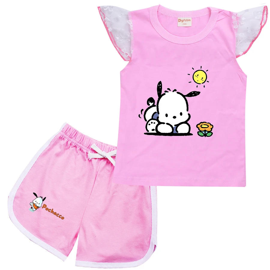 Fashion Summer Girls Baby Clothing Pochacco T shirt Set Short Sleeve Children Casual Cartoon Print Tops+Shorts Set