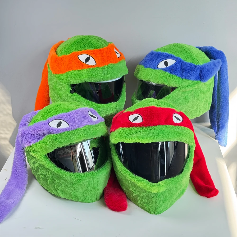 Cartoon Plush Animal Motorcycle Full Helmet Cover Green Funny Scratch Resistant Funda De Casco Soft Ninja‑Style Turtle Hood