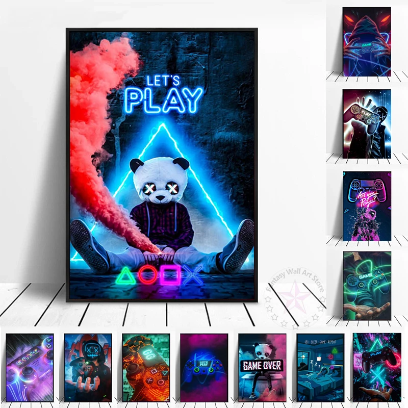 New Eat Sleep Neon Game Repeat Gaming Wall Art Poster Game Art Painting Canvas Prints Pictures for Kids Boys Room Decor