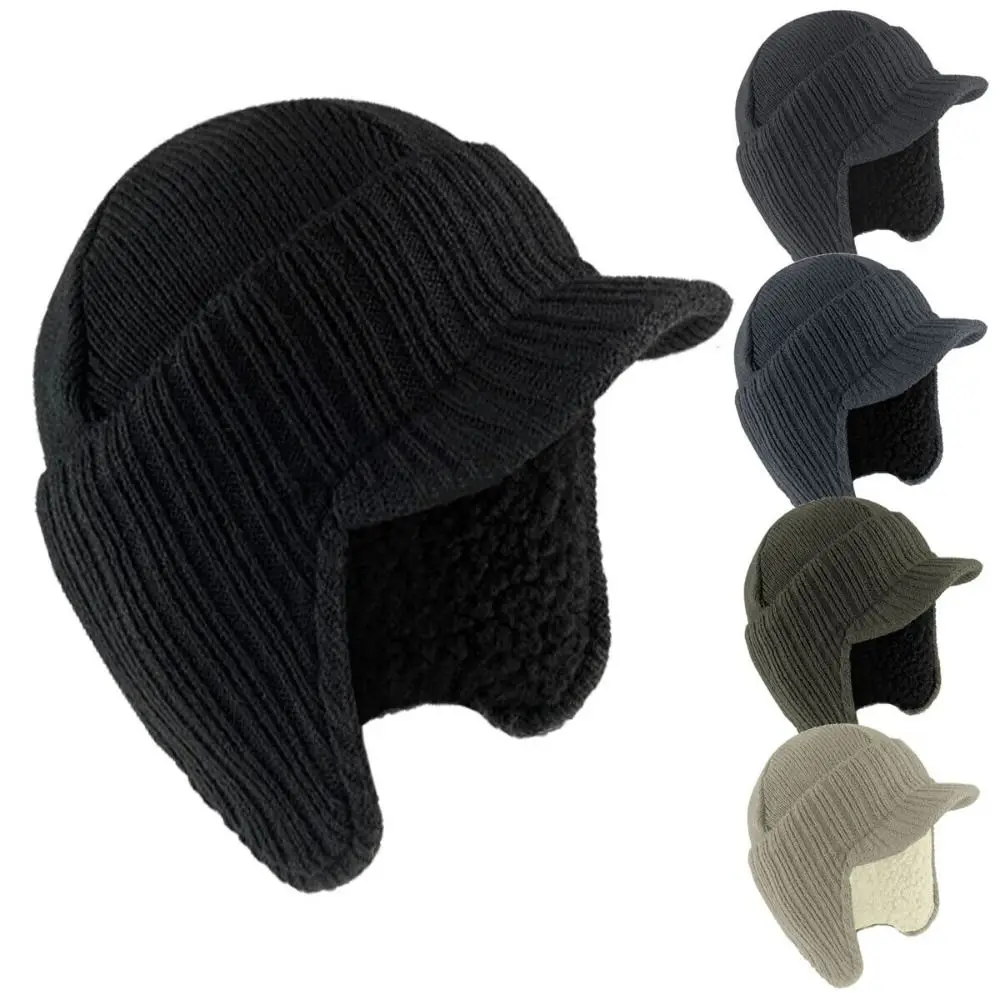 Mens Peaked Knit Hat Winter Warm Fleece Lined Cap Beanie Hat Ear Flaps Work Outdoor Plush Bomber Hats