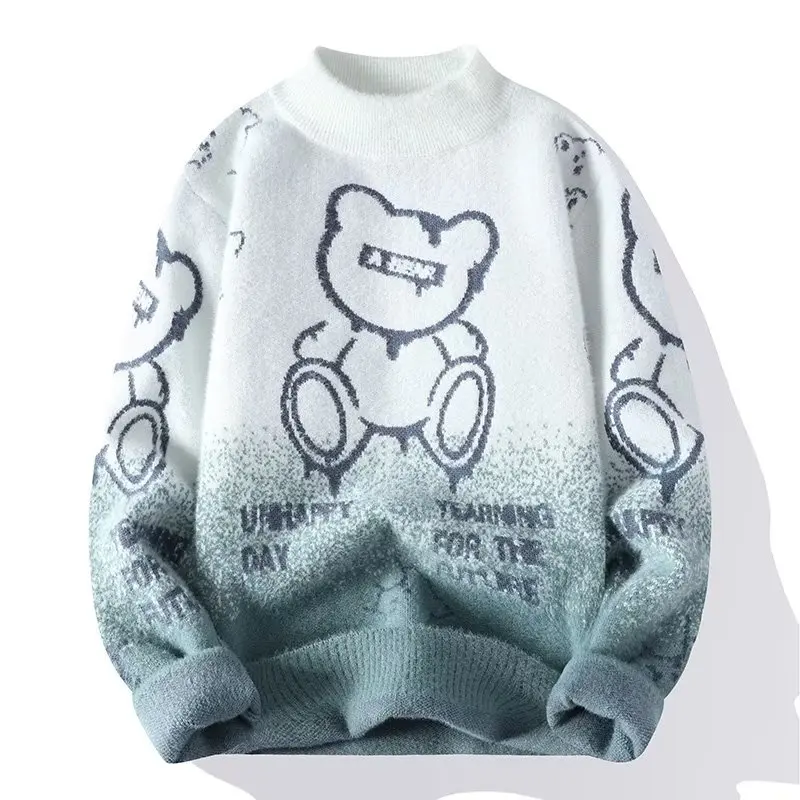 Autumn Winter Men\'s Sweater Plush Warm Cool Bear Knitted Sweater Harajuku High Street Slim Fit O-neck Top Japan Men\'s Clothing