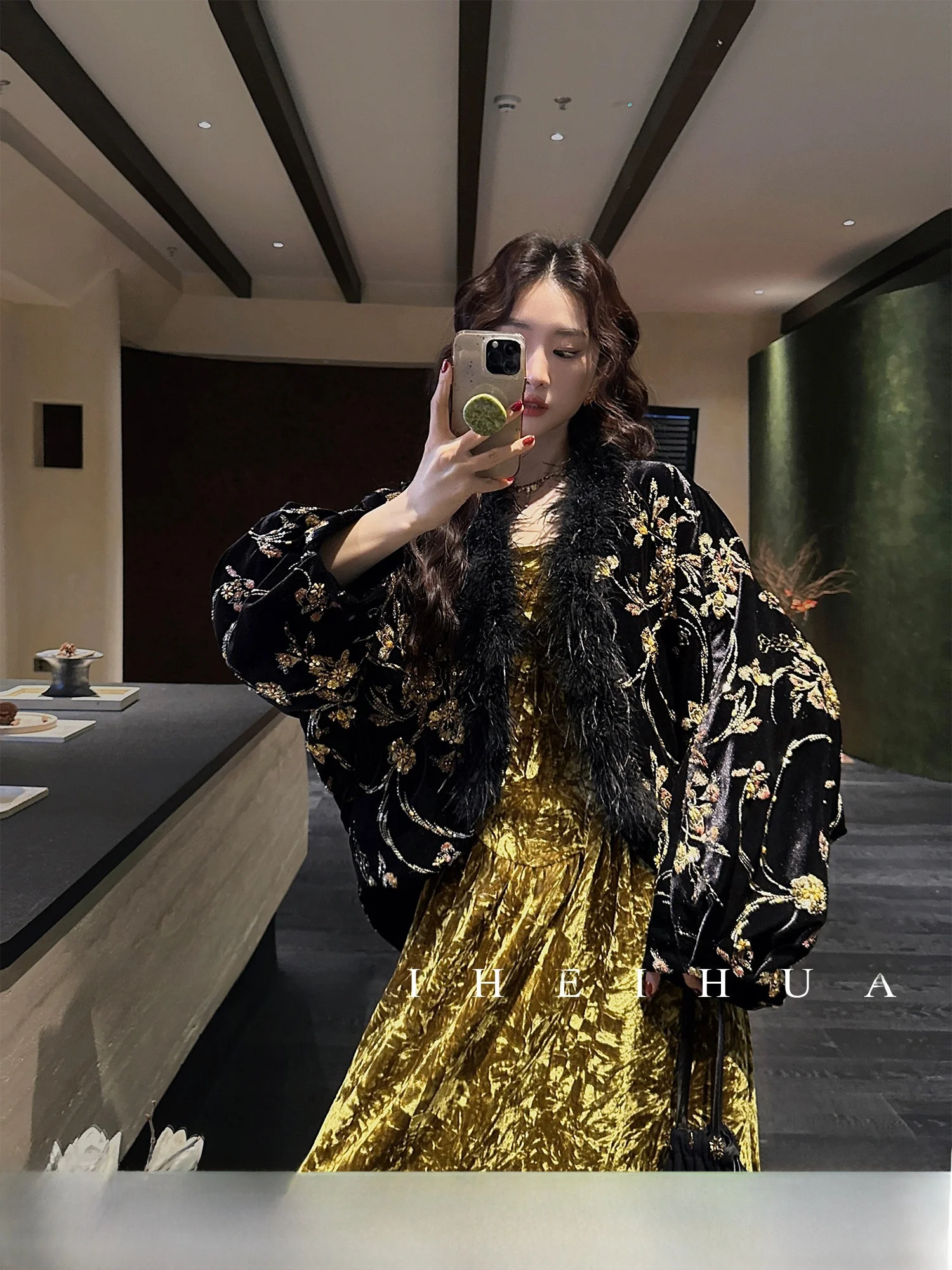 

Sanji Bla Flower Velvet Collar Cotton Jaet Heavy Embroidery Winter New Sle Korean Loose Fit Long Sve Thiened Coat