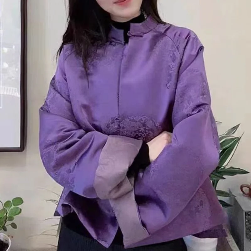 

Винтажная жаккардовая шелковая куртка в китайском стиле, женская осенне-зимняя фиолетовая элитная атласная куртка с воротником-стойкой, повседневная верхняя одежда