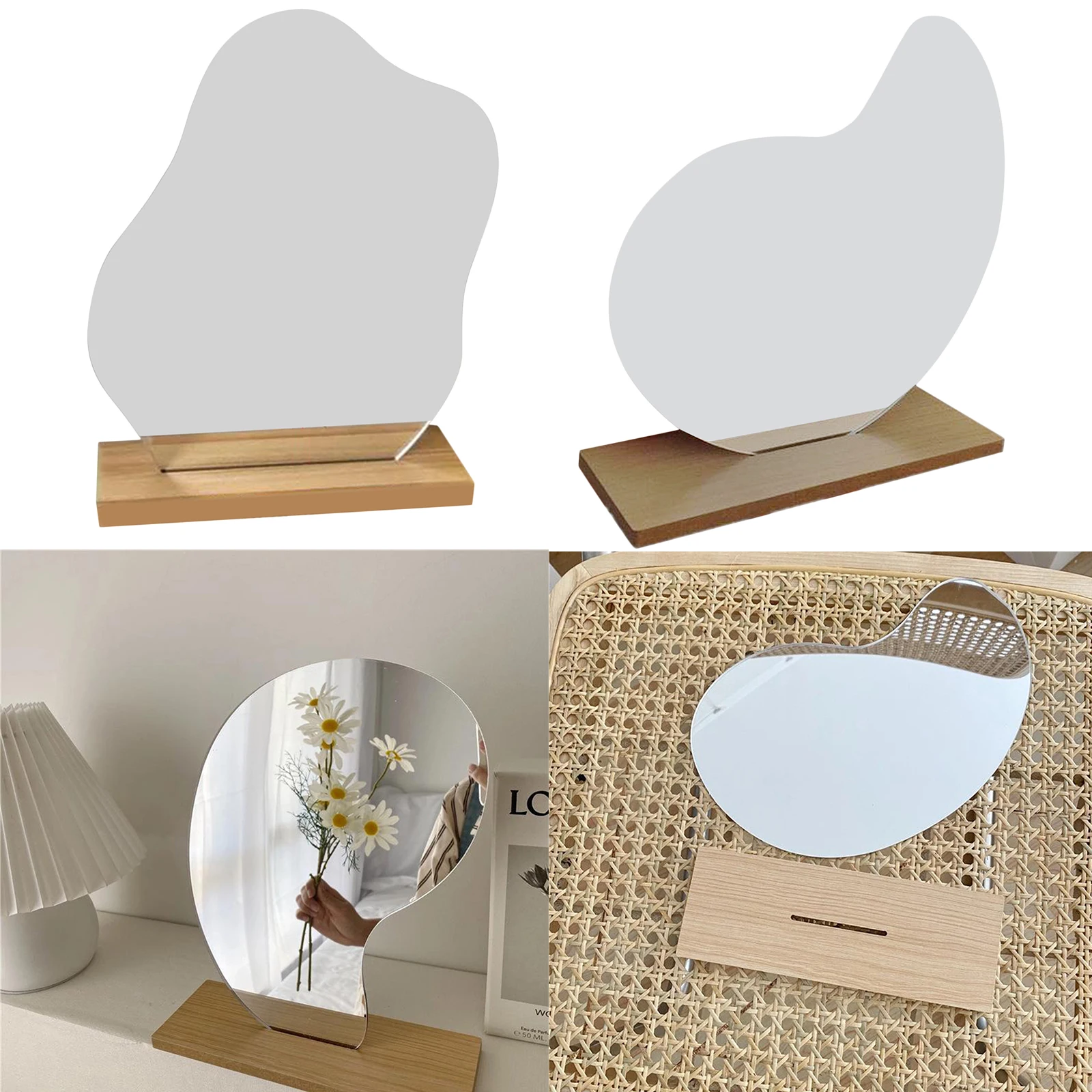 Miroir de maquillage cosmétique irrégulier avec base en bois, cadeau pour femmes