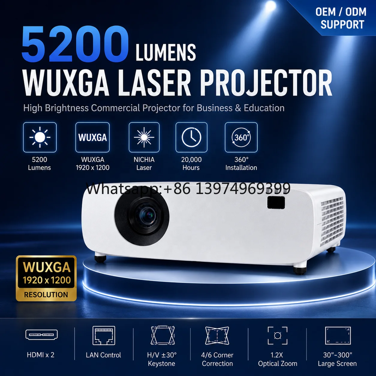 Commercial Laser Projector 5200 Lumens WUXGA 1920x1200 with 1.2X Optical Zoom for Business and Education