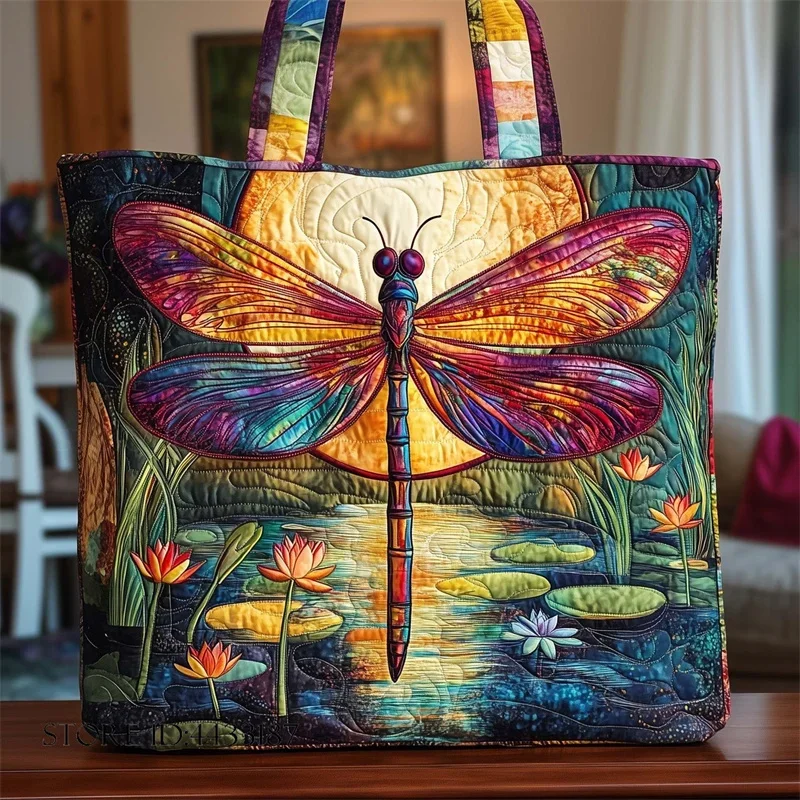 Trendy Women's Tote Bag Shopping Bag Printed Dragonfly Quilted Handbag Outdoor Camping Travel Bags Large Capacity Sport Bags