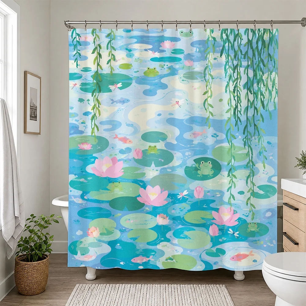 Cute Pond Life Shower Curtain Tropical Lily Pad Frog Greenery Bathroom Decor Waterproof Shower Curtain