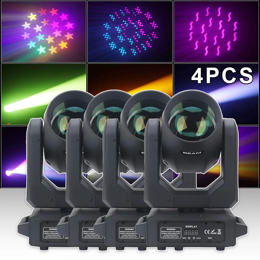 4PCS LED 200W Beam Spot Rainbow Effect Moving Head Stage Lighting 18 Prism Gobo DMX Music Control Wedding Party Concert Lamp