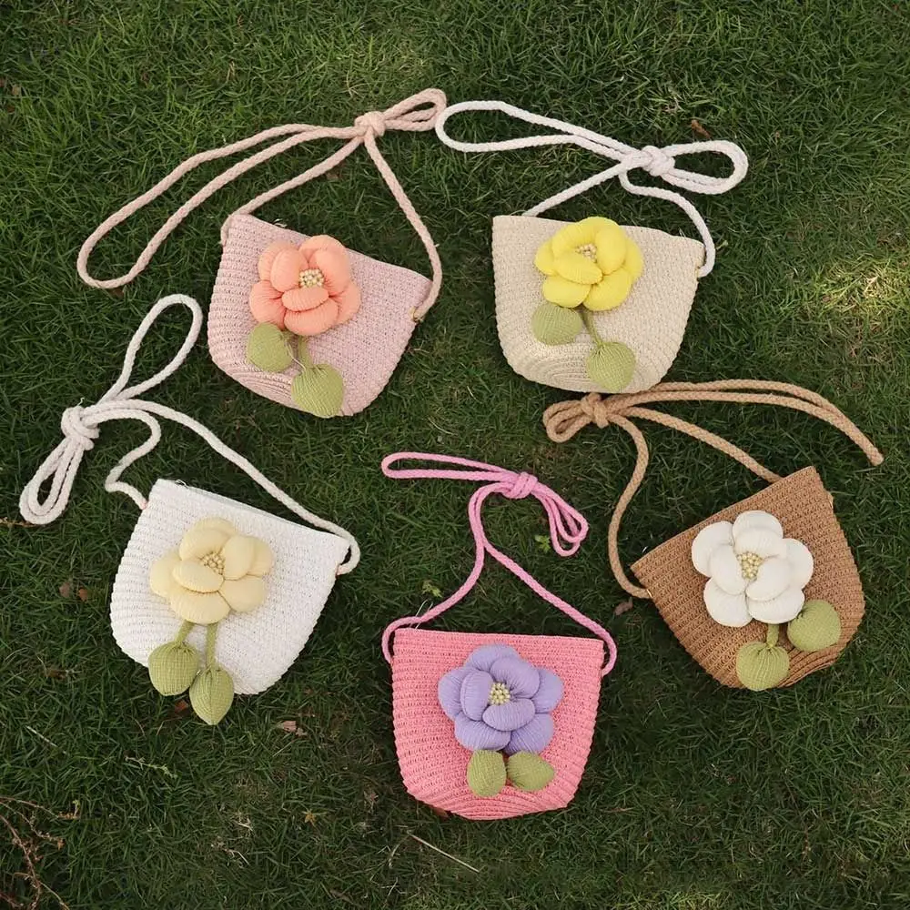 Creative Handmade Kids Straw Bag Woven Shell Shape Crossbody Bag Flower Summer Beach Bag Children Girls