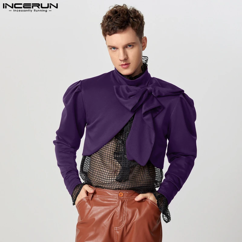 INCERUN Fashion New Men's Tops Bow Design Cropped T-shirts Sexy Casual Male Solid All-match Half High Neck Long Sleeved Camiseta