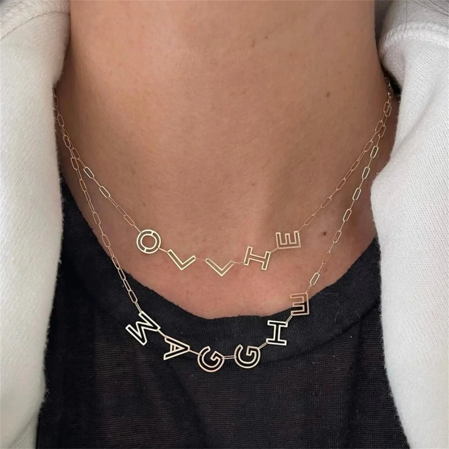 

Custom Hollow Name Pendant Personalized Chain Letter Necklace With Rectangle Paper Clip Chain Stainless Steel Jewelry For Women