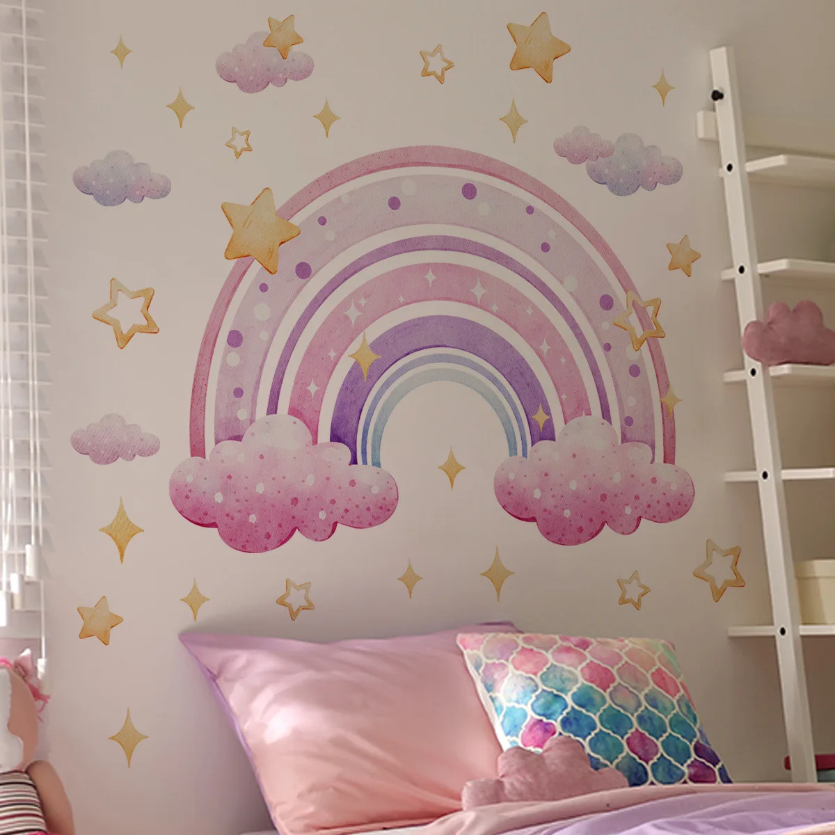 Colorful Rainbow Stars Cloud Wall Sticker for Kids Baby Room Background Mural Bedroom Home Decoration Removable Cartoon Decals