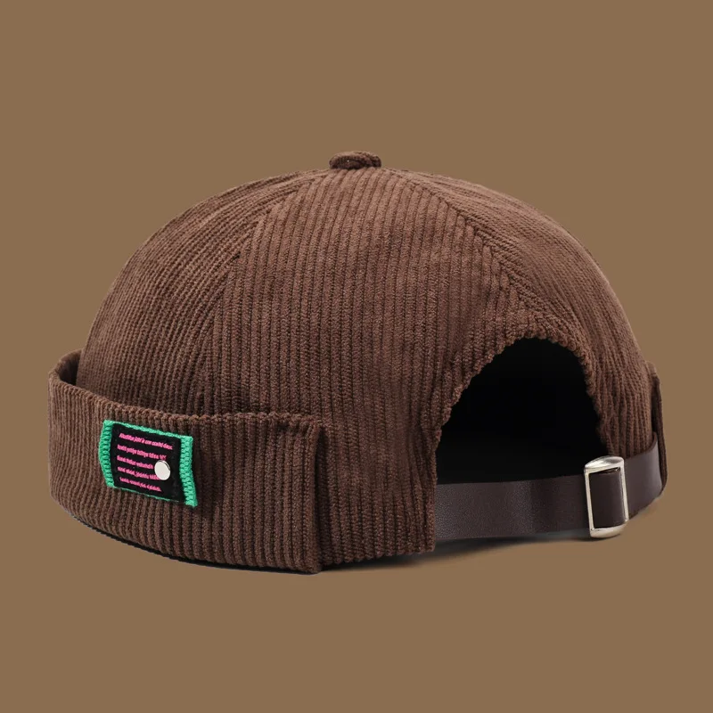 Kernstil: Cord-Label-Mütze für Frühling, Herbst und Winter – stilvolle Retro-Hip-Hop-Schädeldecke aus einfarbigem, gestreiftem Samt – Detail 7
