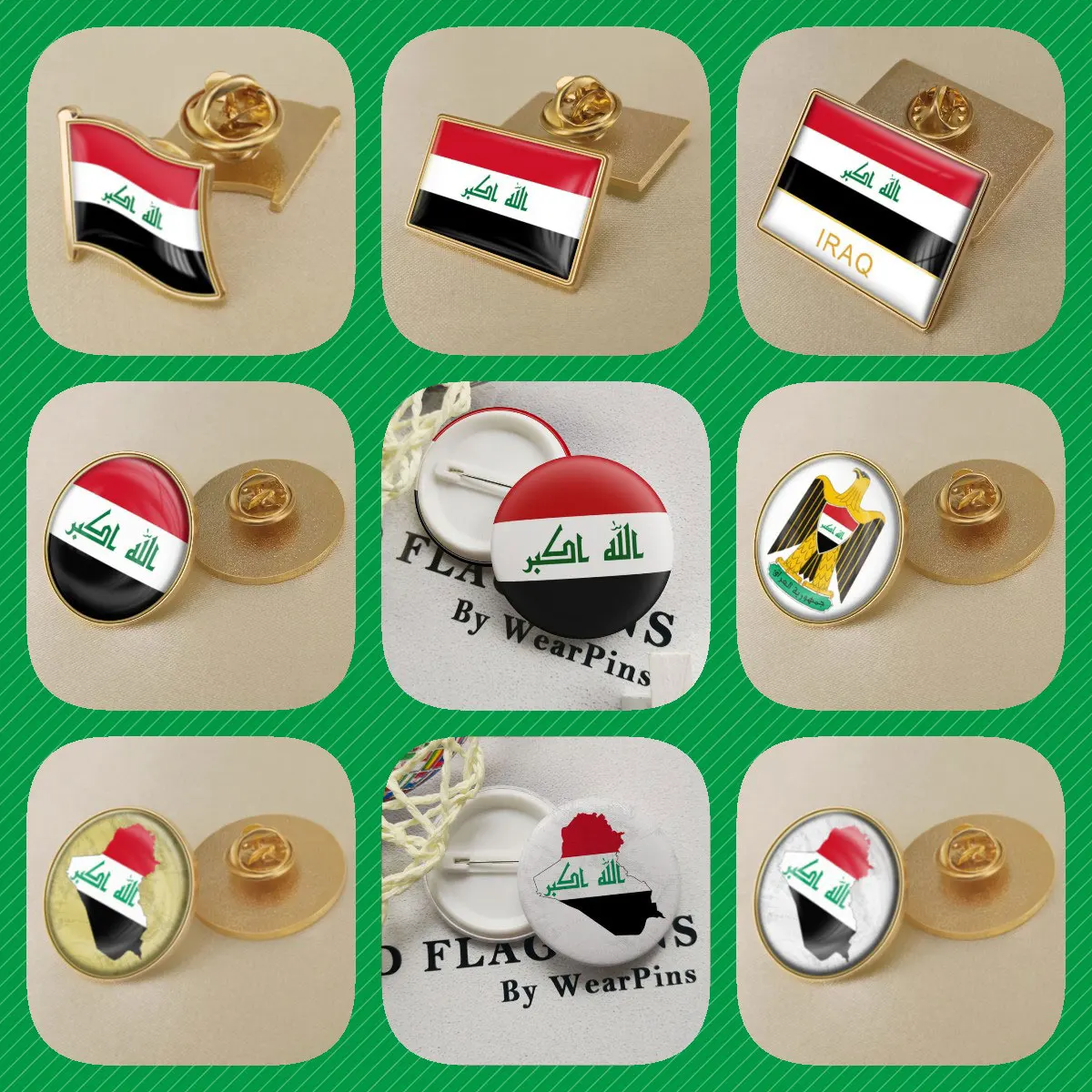 

Iraq Iraqi Map Flag National Emblem National Flower Brooches Badges Lapel Pins