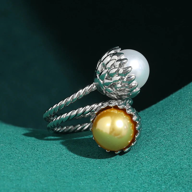 خاتم عتيق من اللؤلؤ الأبيض والأصفر إكسسوارات نسائية طبيعية فضية اللون متقاطعة مفتوحة اتجاهات المجوهرات الفاخرة 2025 حفلة عالية الجودة