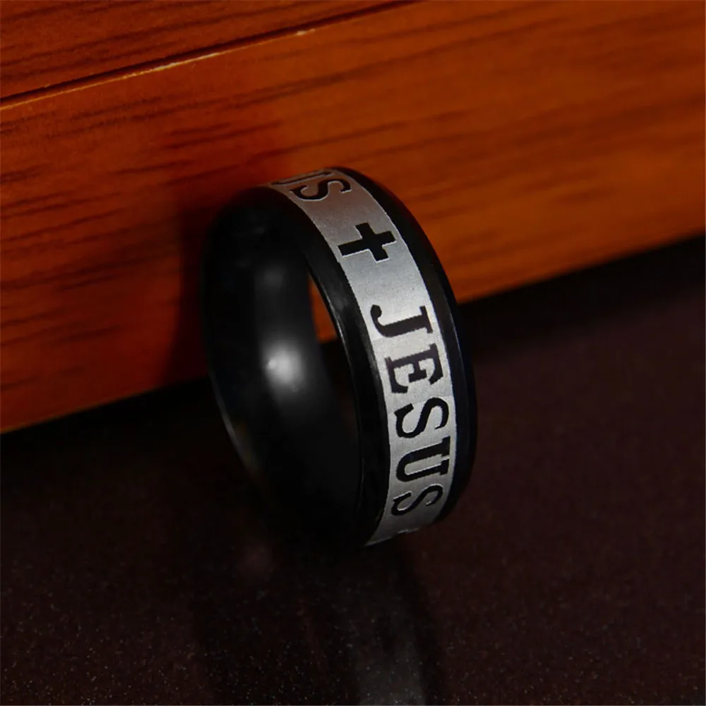 UTAG Stainless Steel Black Color Jesus Cross Ring Letter Bible Prayer Finger Rings For Men 8mm Amulet Jewelry