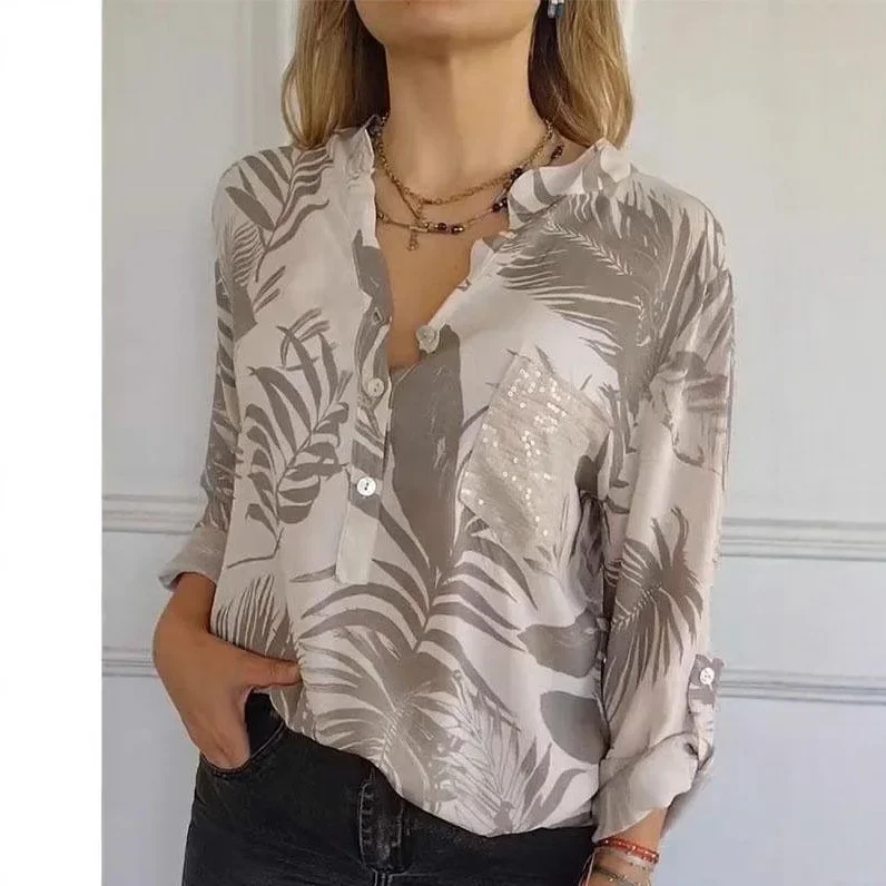 

Women Spring Summer Shirt Blouse Printing Color Long Sleeve Turndown Collar Pockets Button Casual Fashion Comfortable Regular