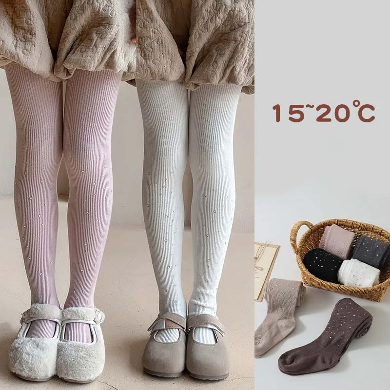 10-15 Degree Girls Pantyhose Lovely Girl PureCotton Warm Shiny Tights Vertical Stripe Sequin Diomand Kid Girl Legging All Season