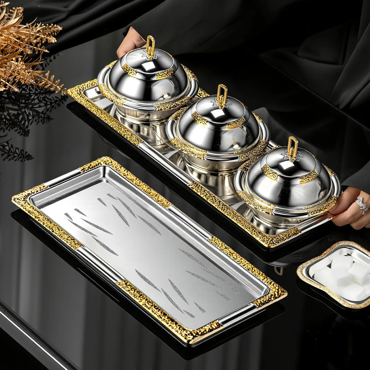 Golden Wrought Iron Long Tray, Storage Tray, Dinner Plate and Serving Tray Middle Eastern Style S M L Size