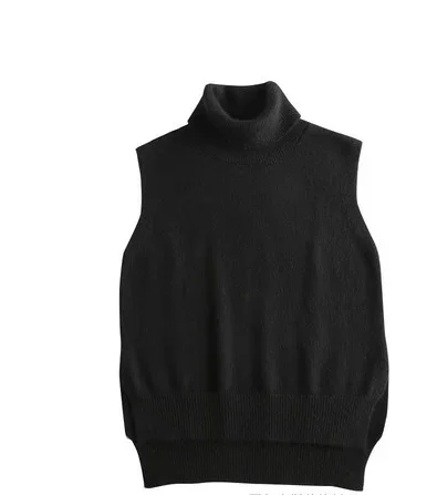 Women\'s Knitted  Cashmere Wool Turtleneck Vest Side Slit Winter Female Wool Sweater Sleeveless Waistcoat New Vogue