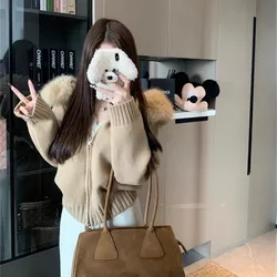 plus Size Lazy Long Sve Hooded Knitted Cardigan Coat with Fur Collar Autumn Winter Loose Zipper New Faion Women's Sweater