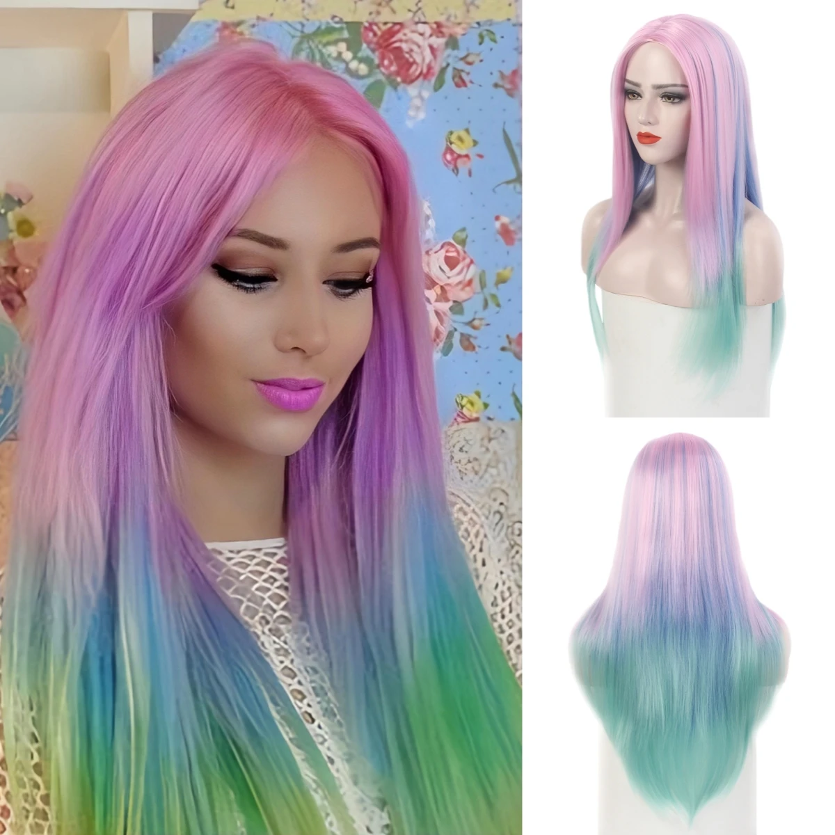 

REEWES красочный парик длинный розовый синий многоцветный парик прямые многослойные синтетические волосы для повседневной носки аниме косплей костюм на Хэллоуин