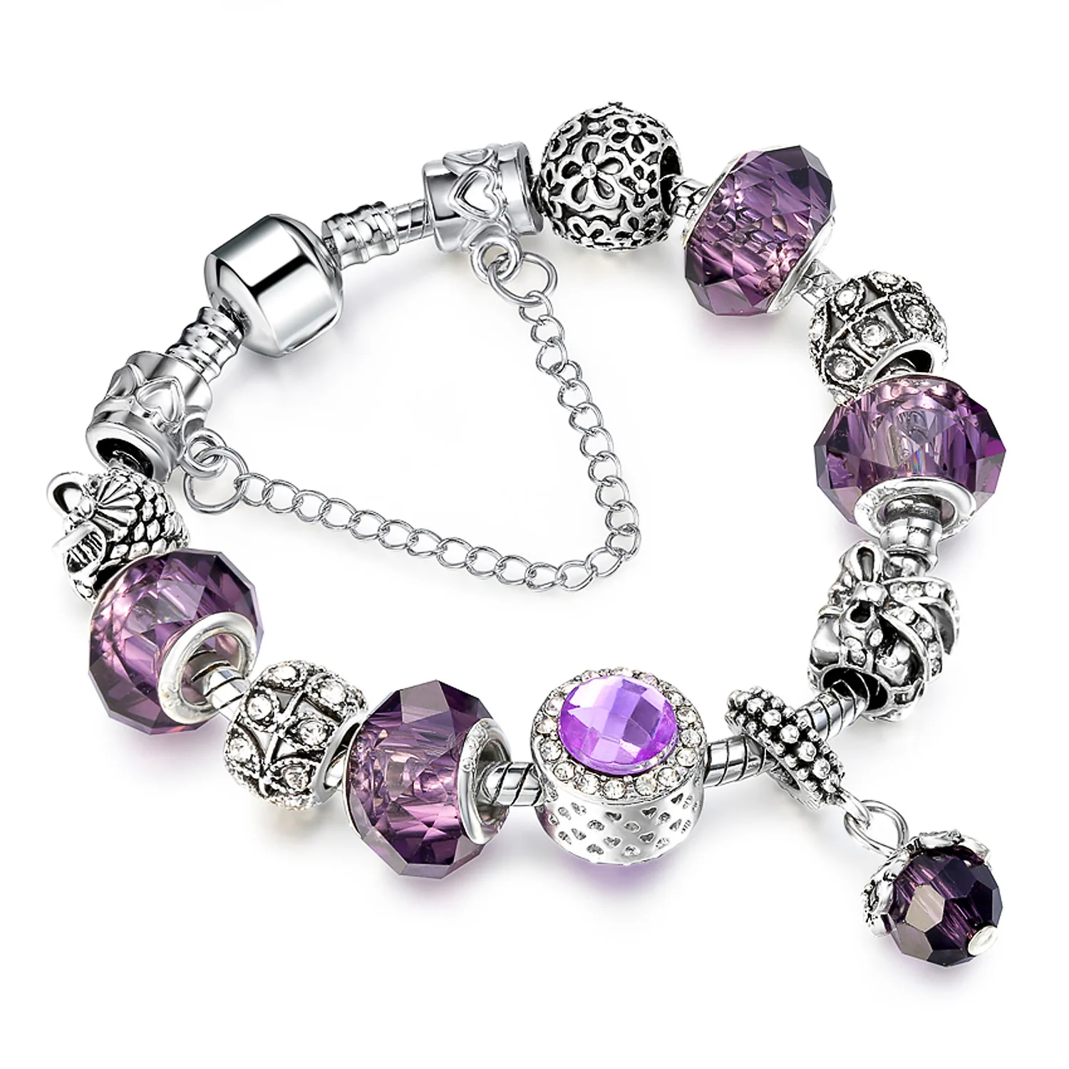 Purple Crystal Princess Heart Charm Silver Plated Bracelet DIY Beaded Crystal Bracelet Wholesale