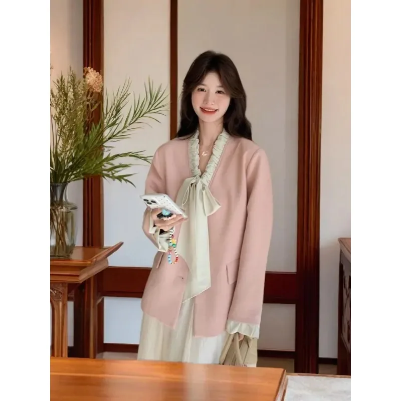 

Women's Clothing Pink Bow Blazer for Women Korean Style Sweet Little Suit Blazers Cardigan Top