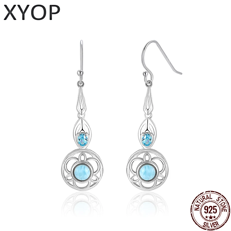 

Natural Precious Larimar Earrings for Women 2025 Simple Fashion Geometric Round charm 925 Sterling Silver Jewelry Gift classic