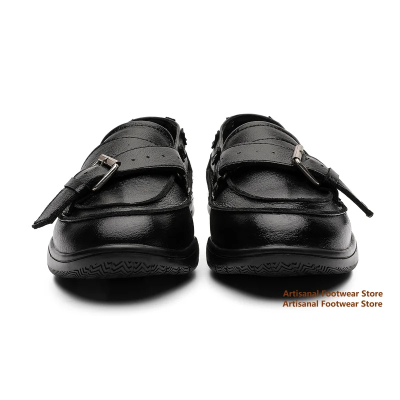 Metal Stud Buckle Platform Leather Loafers Buckle Strap Round Toe Punk Casual Slip On Shoes Trendy Handmade Men's Shoes