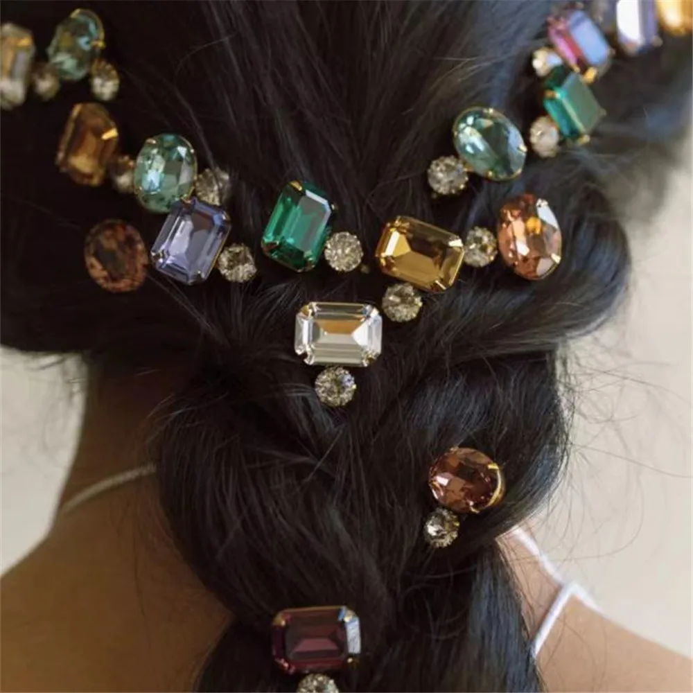 1Pcs Colorful Square Oval Rhinestone Hair Clips Headwear Hair Jewelry for Women Crystal Geometric Hairpins Barrettes Headdress