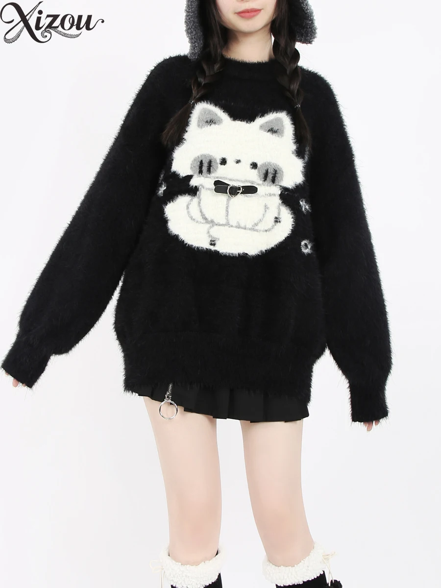 

2025 Winter Sweet Cool Cat Sweater Leather Buckle Heavy Thickened Soft Cozy Gothic Y2k Black Knit Pullover Kawaii Long Sleeve