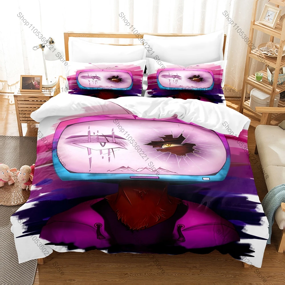 Pyrocynical Fan Merch Duvet Cover + 2 Pillowcases, Cartoon Fox & TV Head Graphic Bedding Set for Internet Content Lovers