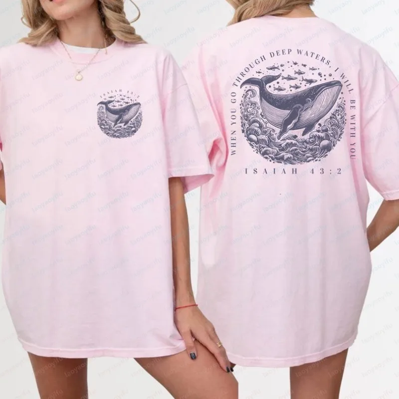 Isaiah 43:2 Whale Christian Cotton T-Shirt for Women Ocean Faith Graphic Tee Trend Bible Verse Faith Based Vintage Trend Clothes